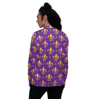 Load image into Gallery viewer, Purple Fleur De Lis Mardi Gras Unisex Bomber Jacket
