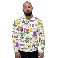 Load image into Gallery viewer, Mardi Party White Unisex Bomber Jacket
