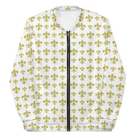 Load image into Gallery viewer, Fleur De Lis White &amp; Gold Unisex Bomber Jacket
