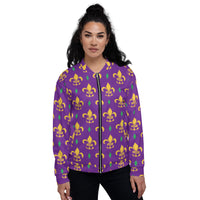 Load image into Gallery viewer, Purple Fleur De Lis Mardi Gras Unisex Bomber Jacket
