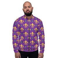 Load image into Gallery viewer, Purple Fleur De Lis Mardi Gras Unisex Bomber Jacket
