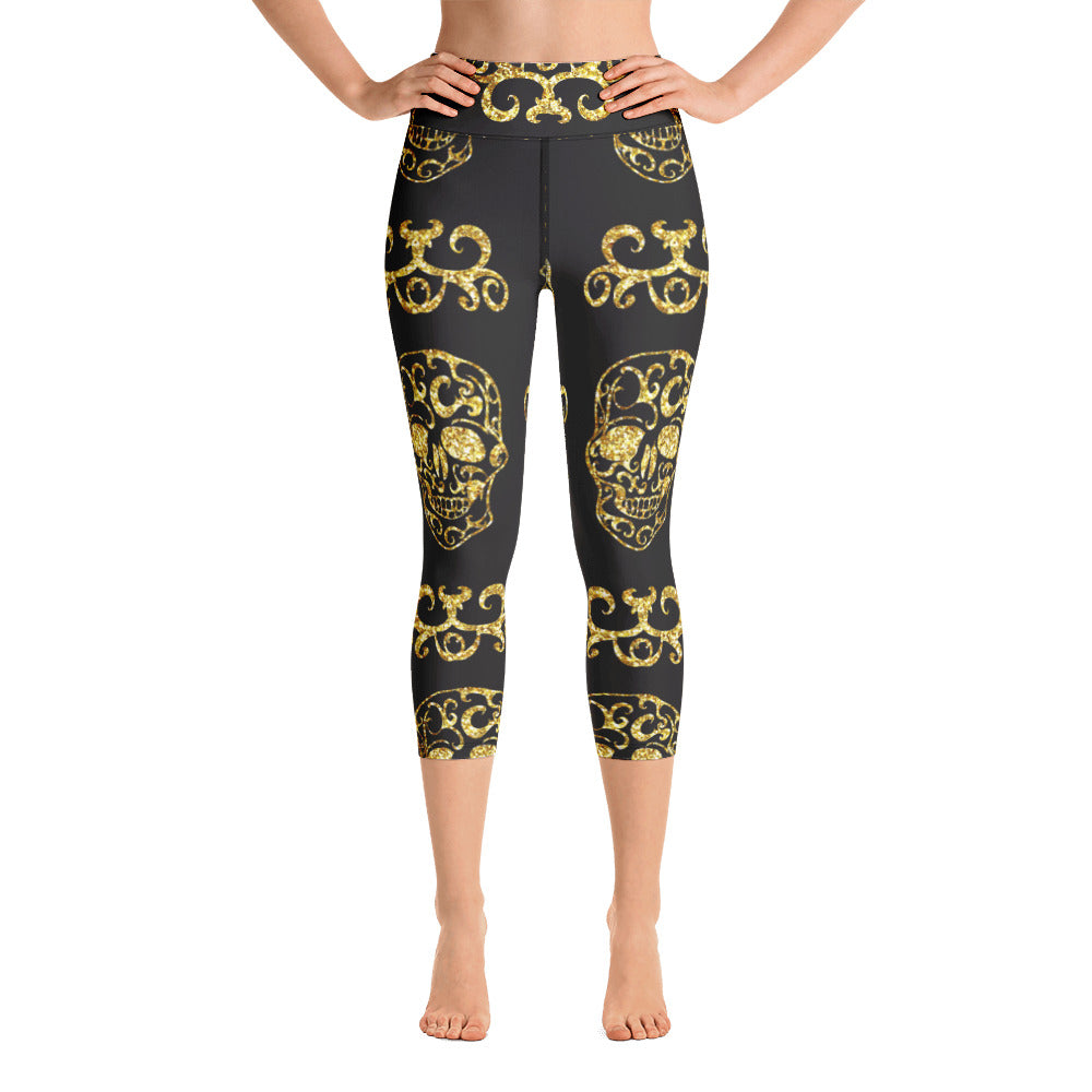 Gold Skulls Yoga Capri Leggings