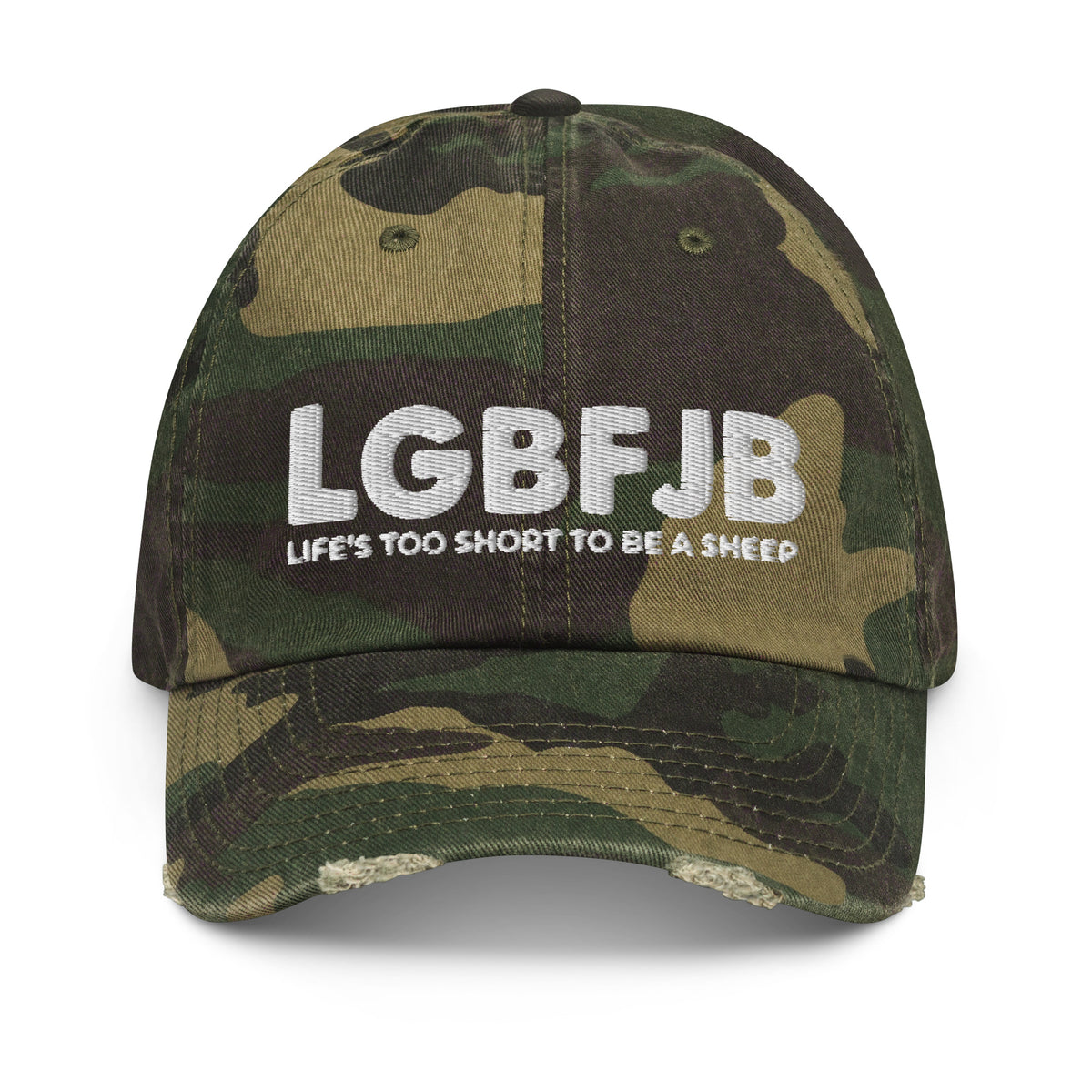 Let's Go B.... F*JB White Embroidered Camo Distressed Dad Cap